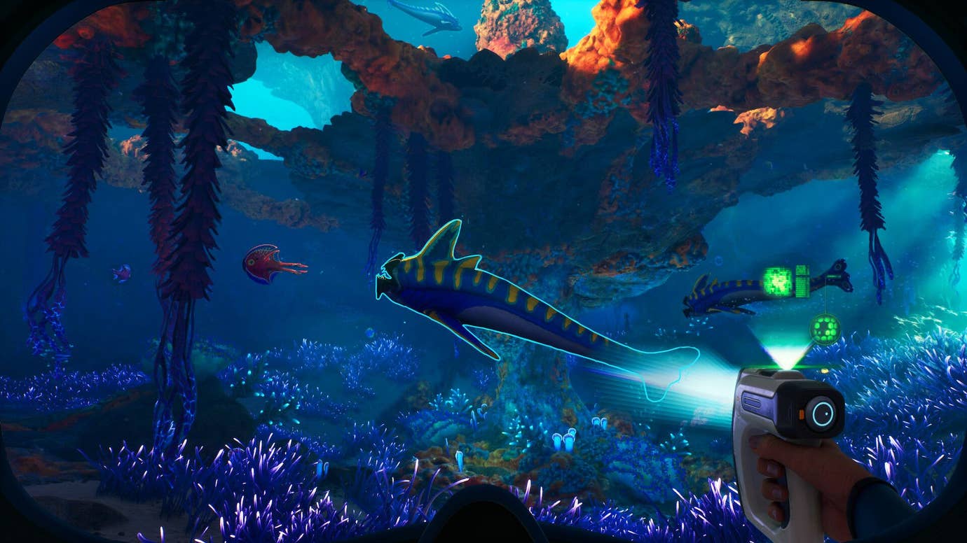 The player scans a fish while swimming underwater.